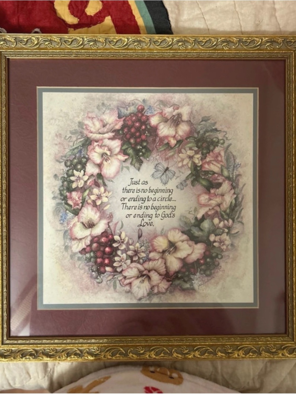 Framed Floral Wreath Wall Art - Burgundy Accent